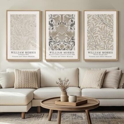 Framed Vintage William Morris Canvas Wall Art Set of 3, Large Neutral Floral Artwork Prints, Botanical Nature Aesthetic Wall Decor for Living Room, Bedroom, Hallway and Office, Total Size 30x60