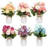Wavwavw 6 Sets Flower Centerpieces for Tables Decor Artificial Hydrangeas with Vase and Hemp Rope Floral Arrangement Faux Flowers Fake Hydrangea Bouquets for Table Wedding Home Office Party