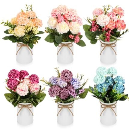 Wavwavw 6 Sets Flower Centerpieces for Tables Decor Artificial Hydrangeas with Vase and Hemp Rope Floral Arrangement Faux Flowers Fake Hydrangea Bouquets for Table Wedding Home Office Party