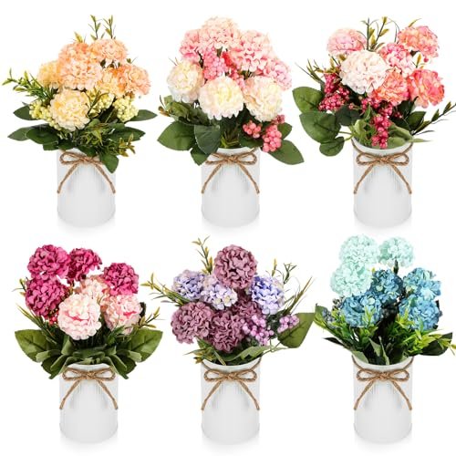 Wavwavw 6-Set Artificial Hydrangea Flower Centerpieces with Vase & Hemp Wavwavw 6 Sets Flower Centerpieces for Tables Decor Artificial Hydrangeas with Vase and Hemp Rope Floral Arrangement Faux Flowers Fake Hydrangea Bouquets for Table Wedding Home Office Party