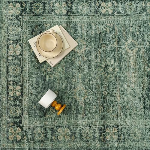 61Bjgk-CmdL._SL500_.jpg PureCozy 8x10 Washable Green Vintage Distressed Area Rug - Non-Slip Floral Carpet for Indoor Use - Image 9