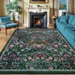 8x10 Area Rugs for Living Room: Floral Washable Rug Vintage Large Soft Boho Non-Slip Carpet Indoor Floor Stain Resistant Carpets for Bedroom Dining Room Farmhouse Nursery Home Office Dark Green