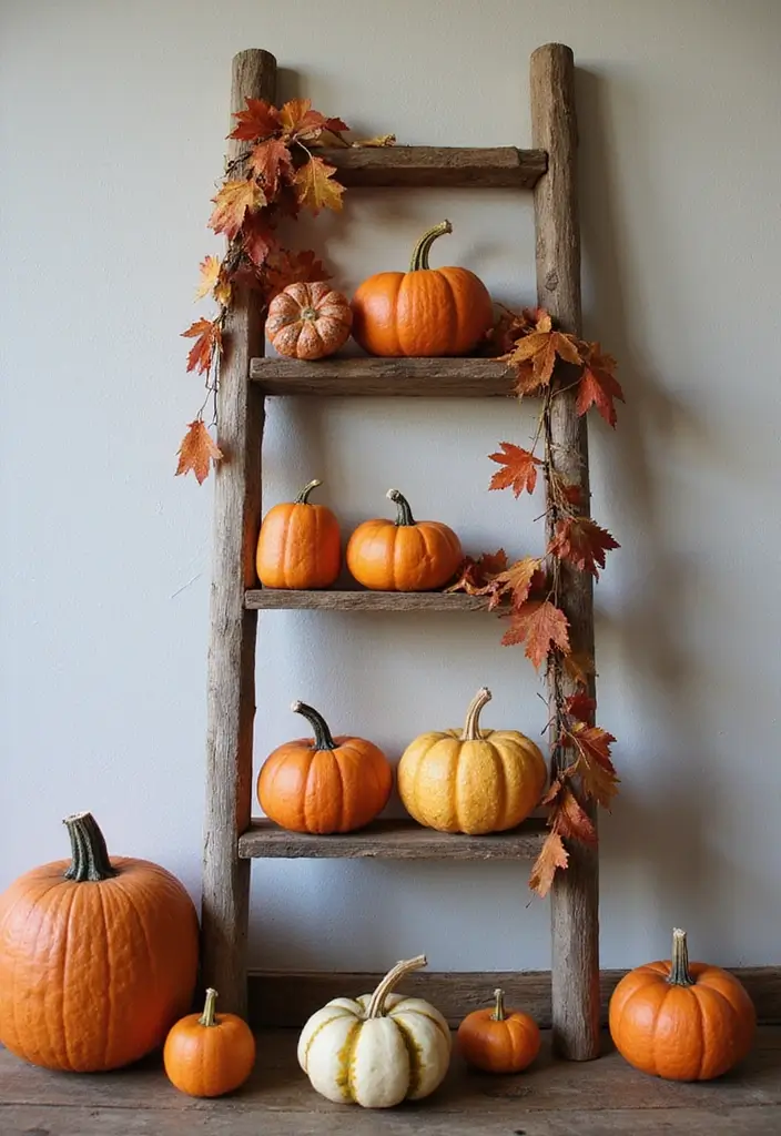 15 Fall Pumpkins Decor Ideas That Will Cozy Up Your Home in Minutes - 11. Rustic Pumpkin Ladder Display