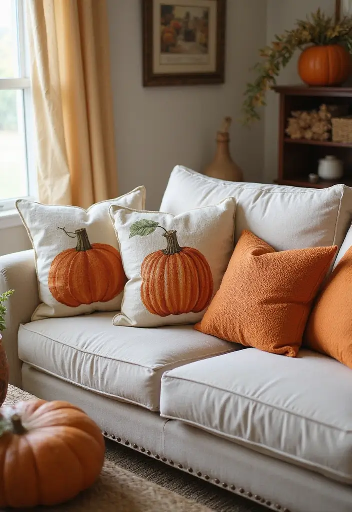 15 Fall Pumpkins Decor Ideas That Will Cozy Up Your Home in Minutes - 8. Pumpkin-Themed Throw Pillows