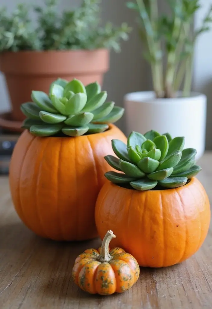 15 Fall Pumpkins Decor Ideas That Will Cozy Up Your Home in Minutes - 9. Pumpkin Succulent Planters