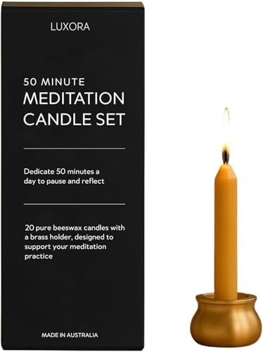 Australian Made 50-Minute Pure Beeswax Candles Set of 20 with Australian Made 50 Minute Pure Beeswax Candles, Beeswax Meditation Candle Set, Set of 20 mini Candles with Brass Holder, Stress Releif Gifts for Women,Non Toxic Yoga Candle (50 Min Set + Holder)