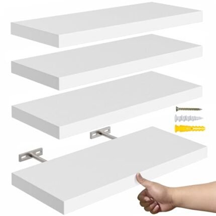 YUFLINX Floating Shelves for Wall,16’’Rustic Wood Wall Shelf for Room Decor/Storage/Display,Small Book Shelf,Wall Mounted Hanging Shelves for Bedroom, Bathroom, Living Room, Kitchen(White,Set of 4)