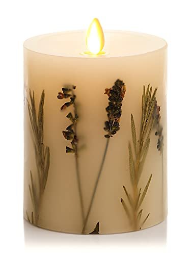 Luminara Realistic Artificial Moving Flame Pillar Candle with Lavender & Rosemary Inclusion - Moving Flame LED Battery Operated Lights - Remote Ready - Remote Sold Separately - 3.25" x 4.5"