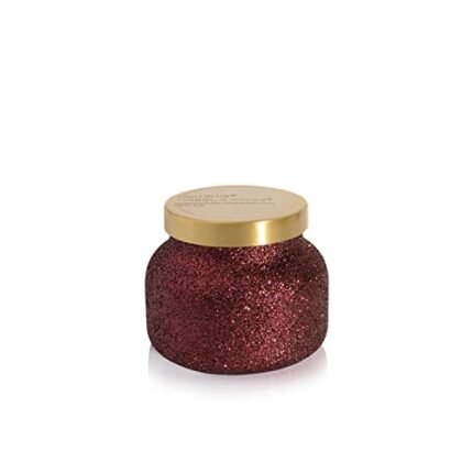 Capri Blue Tinsel & Spice Holiday Candle - Petite Glam Jar Candle - Juniper Berry, Cinnamon & Vanilla Scented Candles - Soy Wax Blend - Christmas Decor - Red Candles with Maroon Glitter Design (8 oz)