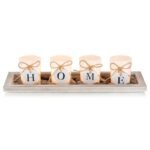 Romadedi Farmhouse Centerpiece Candle Holder Decor - Rustic Wooden Tray with 4 Glass Tealight Candles Holders for Coffee Table Home Decorations Living Room Fireplace Kitchen Housewarming Gifts