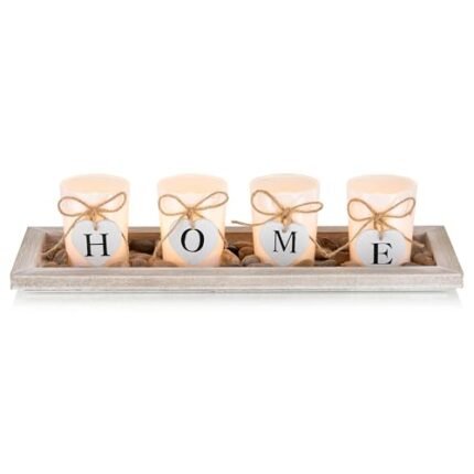 Romadedi Farmhouse Centerpiece Candle Holder Decor - Rustic Wooden Tray with 4 Glass Tealight Candles Holders for Coffee Table Home Decorations Living Room Fireplace Kitchen Housewarming Gifts