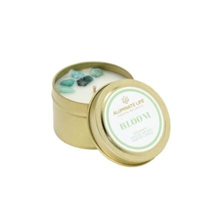 Aluminate Life Luxury Candle Tin, 4 OZ, Bloom - Amazonite Crystal Infused - Scents of Lavender, Neroli, and Jasmine - Hope, Discovery, & Growth - Coconut Wax Blend, Essential Oils, Dr. Developed