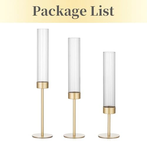 31qt0pS54TL._SL500_.jpg Hewory Gold Hurricane Candle Holders: Set of 3 Brass Tall Taper Holders for Weddings, Parties, and Christmas Décor. - Image 6