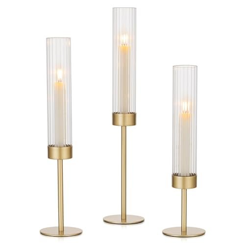 Hewory Gold Hurricane Candle Holders: Set of 3 Brass Tall Hewory Gold Hurricane Candle Holders: Brass Candlestick Holders Set of 3 Tall Taper Candle Holders for Candlesticks Candle Sticks Holder Decor for Table Centerpiece Wedding Party Christmas Decorations
