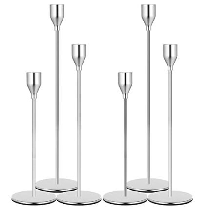 Denique Candlestick Holders 2 Sets, 6 PCS Silver Taper Candle Holders, Candlestick Holders Set for Table Centerpiece Vintage Modern Candle Holders for Home Wedding Decoration