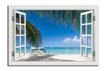 Tropical Beach Wall Art Picture for Living Room - Window Frame Style Canvas Wall Decor Palm Tree - Coastal Art Print for Bedroom - Blue Ocean Artwork on Canvas for Home decoration