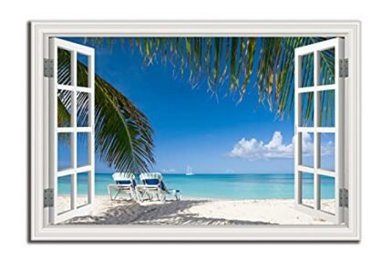 Tropical Beach Wall Art Picture for Living Room - Window Frame Style Canvas Wall Decor Palm Tree - Coastal Art Print for Bedroom - Blue Ocean Artwork on Canvas for Home decoration