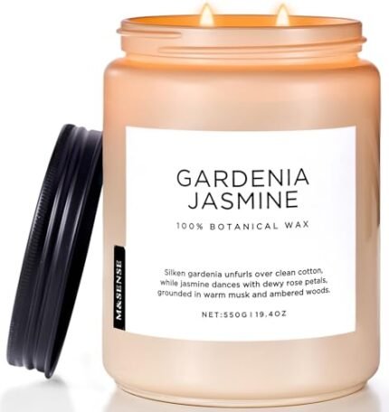 M&SENSE Gardenia Jasmine Scented Candle, 110 Hours Slow Burning Clean Non Toxic 19.4oz 2 Wicks Highly Scented Aromatherapy Candle for Housewarming Gifts, Long Lasting Fragrance for Bath & Office