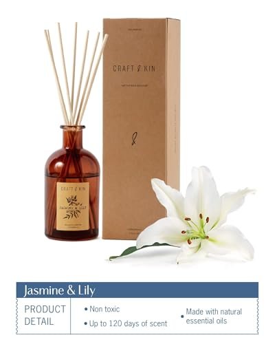 414FJnHN10L._SL500_.jpg Craft & Kin Lily & Jasmine Reed Diffuser | All-Natural Oil, 8 Rattan Sticks | Lasting Home Fragrance in Amber Glass, 5.75oz - Image 7