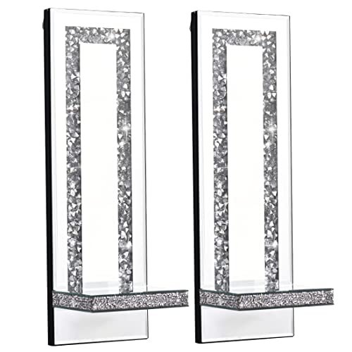 414UhEUtkpL._SL500_.jpg Aeveco Crystal Crush Diamond Wall Candle Sconces - Set of 2 Silver Holders for Living & Dining Rooms (Rectangle Stripe Style 4) - Image 2