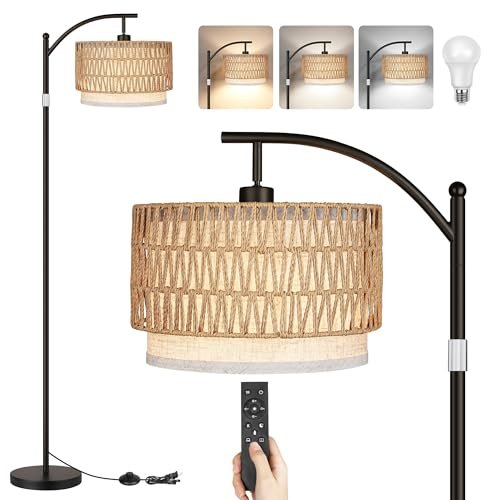 ROTTOGOON Rattan Floor Lamps: Boho Arc Standing Lamps with Rattan ROTTOGOON Rattan Floor Lamps for Living Room, Boho Standing Lamps with Rattan& Linen Double Shades, Arc Lamps Floor Standing with 9W Bulb, Foot Switch, Bohemian Floor Lamps for Bedroom, Office-Drum