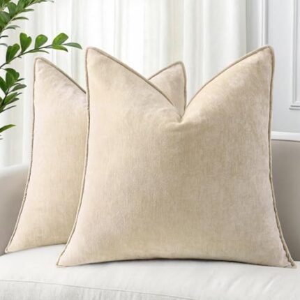 decorUhome Couch Throw Pillow Covers 18x18 Set of 2, Decorative Soft Euro Neutral Chenille Pillow Covers with Elegant Design for Sofa Bed Living Room Home Decor, Beige