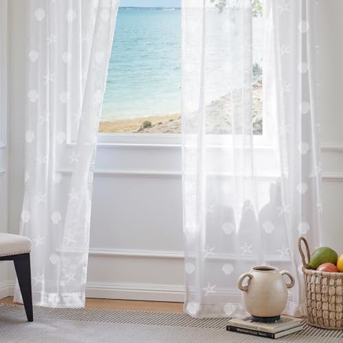 415L7lKqIL._SL500_.jpg Jinchan Sheer Coastal Curtains for Living Room & Bedroom – 84-Inch White Voile Set with Seashell & Starfish Design, 2 Panels - Image 4