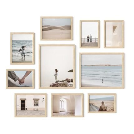 HAUS AND HUES Beige Oak Gallery Wall Frames 10 Pack - Tabletop Picture & Photo Frames Set with Two 8x10, Four 5x7, Four 4x6 - Includes American Oak, Shatterproof Plexi - Ideal for Home or Office