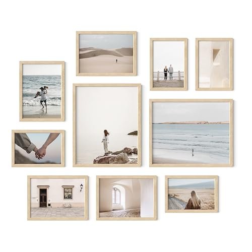 Beige Oak Gallery Wall Frames 10-Pack - Tabletop Picture Frames HAUS AND HUES Beige Oak Gallery Wall Frames 10 Pack - Tabletop Picture & Photo Frames Set with Two 8x10, Four 5x7, Four 4x6 - Includes American Oak, Shatterproof Plexi - Ideal for Home or Office