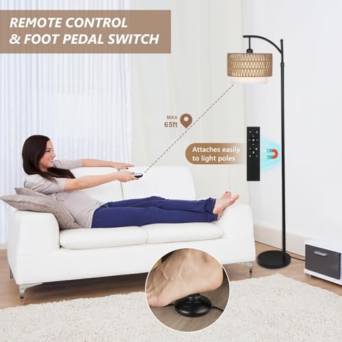 417GC7kqLCL._SL500_.jpg Arc Floor Lamp for Living Room: 3 Color Temperatures, Remote-Controlled, Dimmable Bulb, Boho Style with Rattan Shades - Image 6