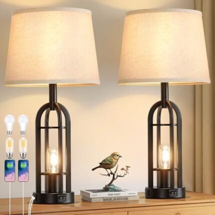 SRJJA Black Table Lamps for Living Room Set of 2 - Farmhouse Lamps for Night Stands with USB A+C, Bedside Lamps for Bedroom, 24'' Industrial Lamp for Living Room End Tables
