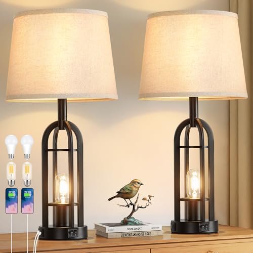 SRJJA Set of 2 Black Table Lamps - Farmhouse Style SRJJA Black Table Lamps for Living Room Set of 2 - Farmhouse Lamps for Night Stands with USB A+C, Bedside Lamps for Bedroom, 24'' Industrial Lamp for Living Room End Tables