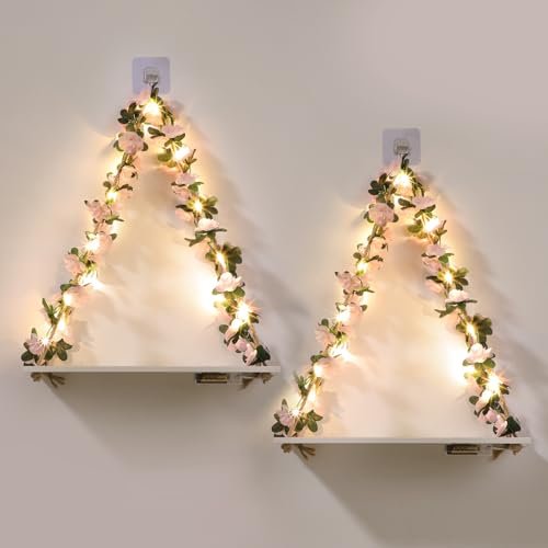 No-Drill Floating Wall Shelves with Art, Leaves & Light Strip Floating Shelves for Wall No Drilling,Wall Dcorations Art,Hanging Shelf,Leaves and Light Strip with Flower,Set of 2 Plant Decor for Home House Livingroom Bedroom Officer,Boho Decor,Gifts for Woman