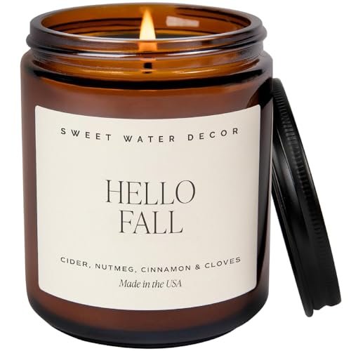 Sweet Water Decor Fall Soy Candles - Hot Cider, Cinnamon, Sweet Water Decor Hello Fall Soy Candles - Fall Candle with Hot Cider, Cinnamon, Cloves, and Nutmeg Scent for Home - Soy Candle with 40 Hours Burn Time - 9Oz Black Lid Amber Jar Candles Fall Scents