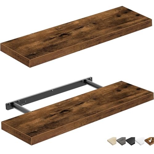 QEEIG 24-Inch Floating Wall Shelves Set of 2 - Rustic QEEIG Floating Shelves Wall Shelf 24 inches Long Farmhouse Bathroom Decor Bedroom Kitchen Living Room Wall Mounted 24 x 9 inch Set of 2, Rustic Brown (008-60BN)