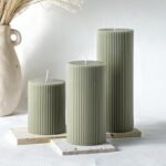 Conelist Ribbed Pillar Candles Set of 3, Width 3" High 4" 6" 8" Large Soy Wax Orchids Scented Pillar Candles Aesthetic Ribbed Modern Home Decor for Bathroom Living Room(Bean Green)