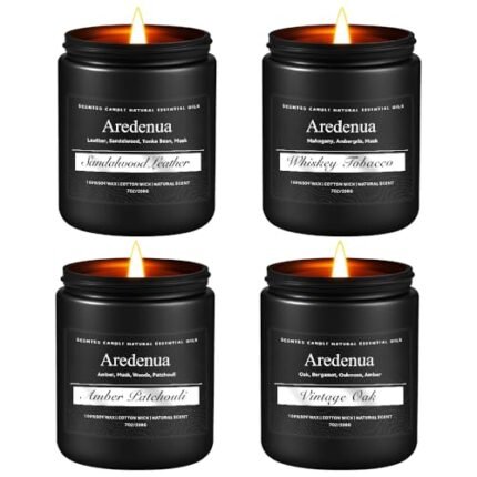 Mens Candle Set – Manly Candles for Men, 4 Pack Soy Candles for Home Scented, Masculine Candle Gift Set - Includes Sandalwood Leather, Whiskey Tobacco, Amber Patchouli & Vintage Oak