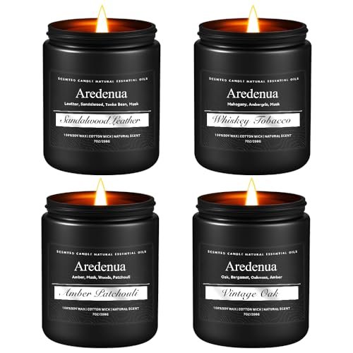 Men's Candle Set β 4 Pack of Masculine Soy Candles Mens Candle Set β Manly Candles for Men, 4 Pack Soy Candles for Home Scented, Masculine Candle Gift Set - Includes Sandalwood Leather, Whiskey Tobacco, Amber Patchouli & Vintage Oak