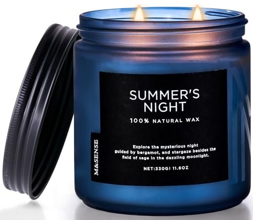 M&SENSE Summer's Night Candle, 11.6oz Natural Soy Wax, Non-Toxic, 2 M&SENSE Summer's Night Scented Candle, 11.6oz Natural Soy Wax Clean Non Toxic for Home, Medium 2 Wick Gifts for Men, Up to 70 Hours Burn Time, Manly Candles for Bedroom