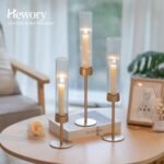 Hewory Gold Hurricane Candle Holders: Set of 3 Brass Tall Taper Holders for Weddings, Parties, and Christmas Décor. - Image 2