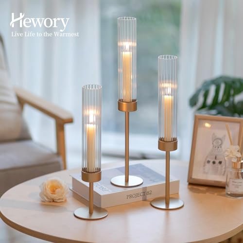 41HwKoD70FL._SL500_.jpg Hewory Gold Hurricane Candle Holders: Set of 3 Brass Tall Taper Holders for Weddings, Parties, and Christmas Décor. - Image 2