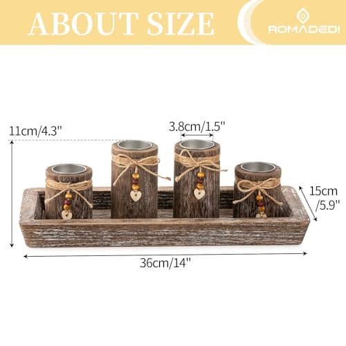 41KpXXLvdeL._SL500_.jpg Boho Wooden Tray Candle Holder Set: Romadedi Farmhouse Coffee Table Decor with 4 Tealight Holders. - Image 4