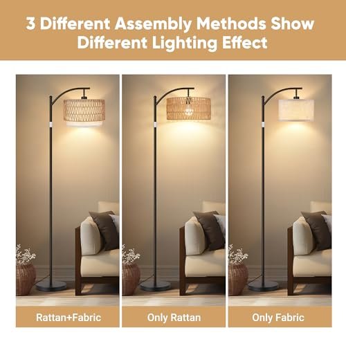 41Kq4pElzAL._SL500_.jpg ROTTOGOON Rattan Floor Lamps: Boho Arc Standing Lamps with Rattan & Linen Shades, 9W Bulb, Foot Switch. Ideal for Living Room & Bedroom. - Image 4