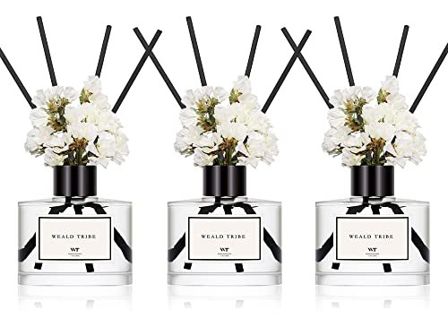 WEALD TRIBE Reed Diffuser Set of 3: Fresh Linen, Ocean, WEALD TRIBE Real Flower Reed Diffuser Set of 3 for Bathroom Air Fresheners, Oil Defusers | Fresh Linen/Ocean/Eucalyptus & Mint Scent(1.7 fl oz Each Pack) Home Fragrance with 12 Stick | Shelf Decor