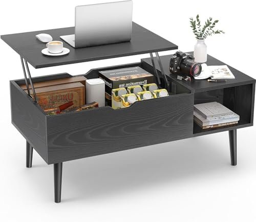 SweetCrispy Lift Top Coffee Tables: Stylish Black Wooden Dining Tables Sweetcrispy Lift Top Coffee Tables for Living Room, Small Rising Wooden Dining Center Tables with Storage Shelf and Hidden Compartment, Classic Black