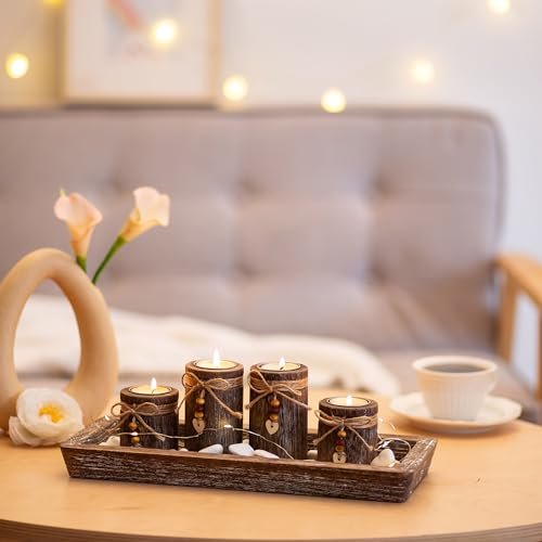 41OaaVaFU1L._SL500_.jpg Boho Wooden Tray Candle Holder Set: Romadedi Farmhouse Coffee Table Decor with 4 Tealight Holders. - Image 9