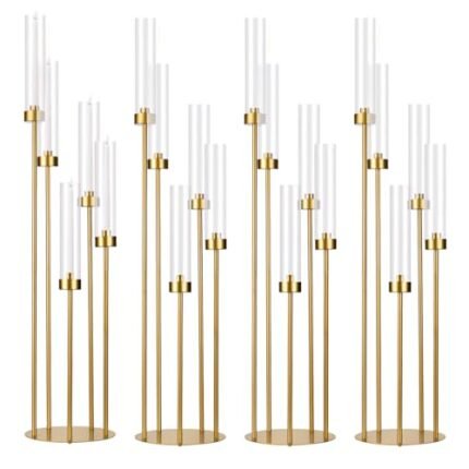 Fullvaseer 5 Arm Candelabra with Acrylic Lampshade Set of 4 Gold Candelabra for Wedding Table Birthday Party Home Decoration 39.4'' Candle Holder Fit LED Taper Candles