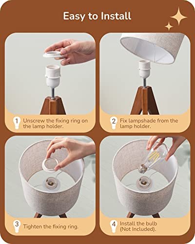 41RBqyXVvL._SL500_.jpg EDISHINE Tripod Table Lamp: Charming Bedside Lamp with Beige Linen Shade, Perfect for Nursery, Bedroom, or Living Room. 14.2" with Light Brown Wooden Base and E26 Socket. - Image 4