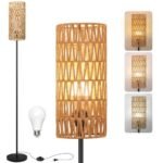 Ruiever Floor Lamp for Living Room,Farmhouse Rattan Floor lamp,Modern Standing lamp with 3 Color LED Bulb,Black Tall Lamp with Foot Switch