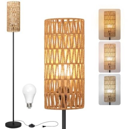 Ruiever Floor Lamp for Living Room,Farmhouse Rattan Floor lamp,Modern Standing lamp with 3 Color LED Bulb,Black Tall Lamp with Foot Switch